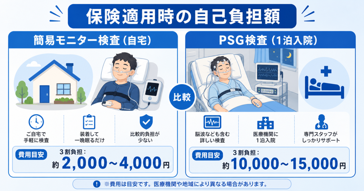 睡眠検査の種類と健康保険適用時の自己負担額（1割〜3割）