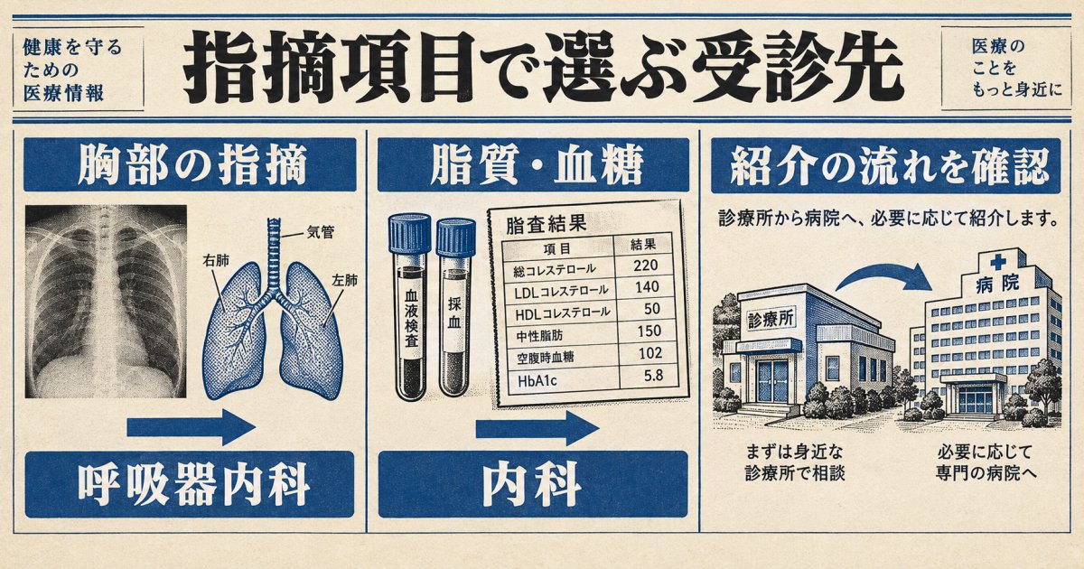 胸部の指摘と脂質異常はどこへ?診療科と検査体制で受診先を選ぶ